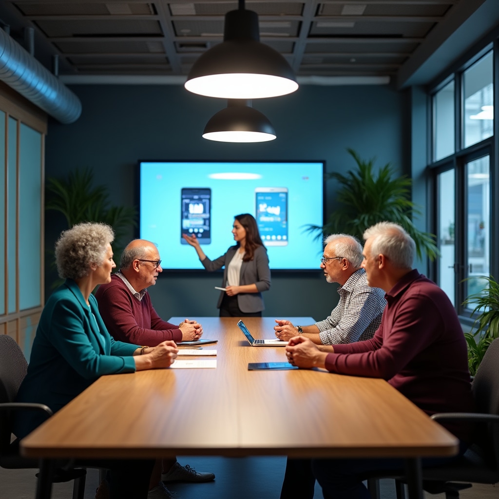 Small group of seniors collaborating during smartphone workshop with instructor providing guidance