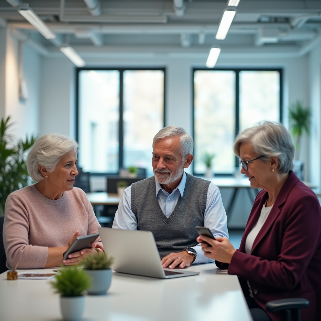 Visual representation of senior progressing through learning stages from basic to advanced digital skills with trainer support