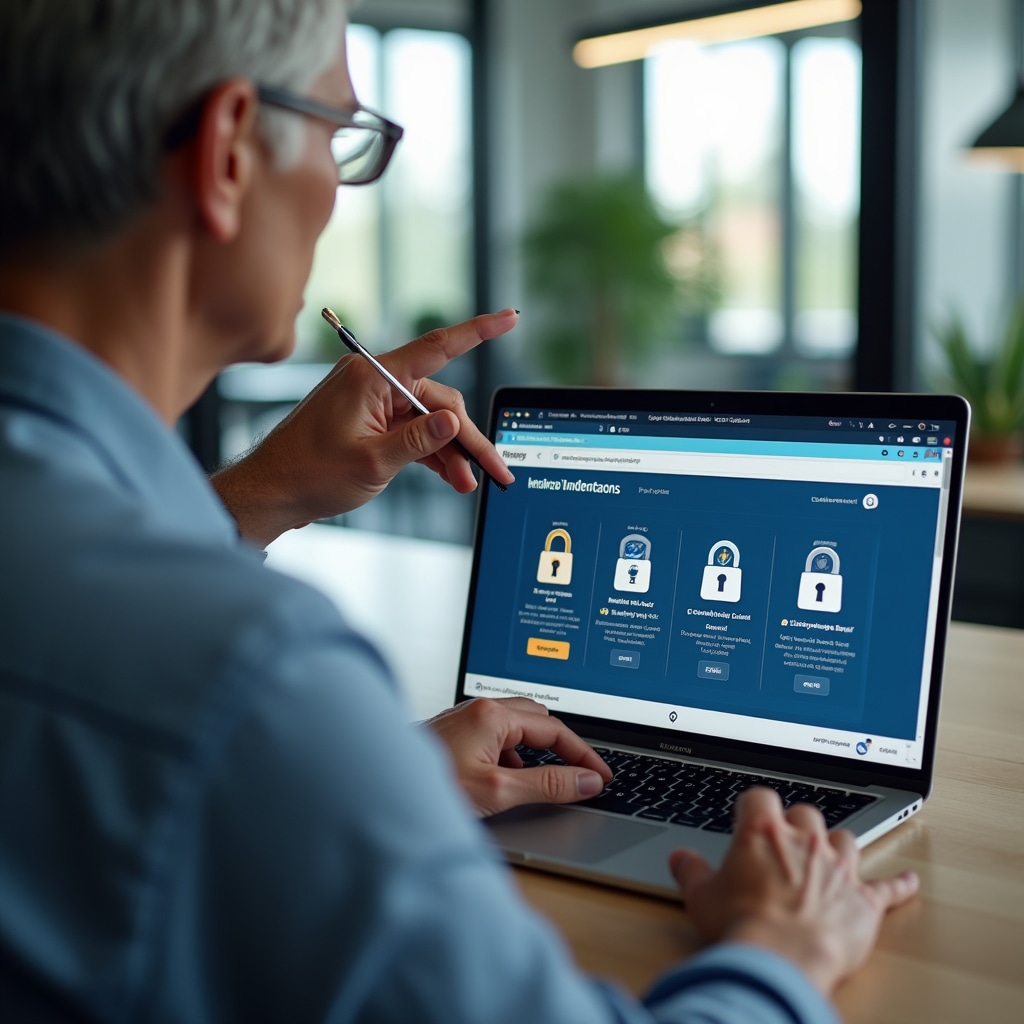 Trainer demonstrating secure browsing practices to senior learner on laptop computer with clear visual indicators on screen