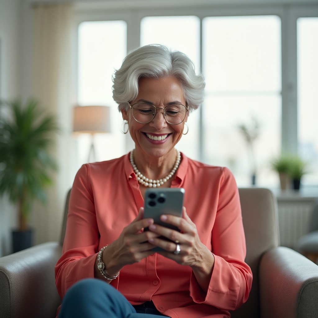 Senior confidently using smartphone independently after completing training program