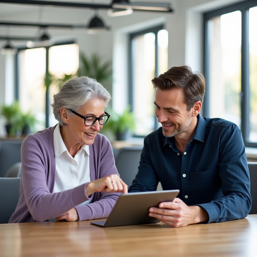 Senior learner receiving personalized tablet instruction from patient trainer in bright, comfortable training room