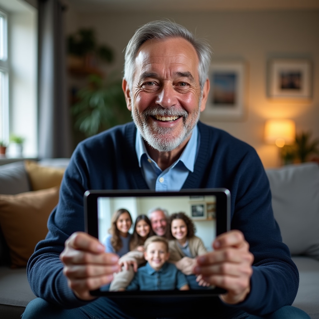 Senior successfully conducting video call with family on tablet device, smiling and engaged in conversation